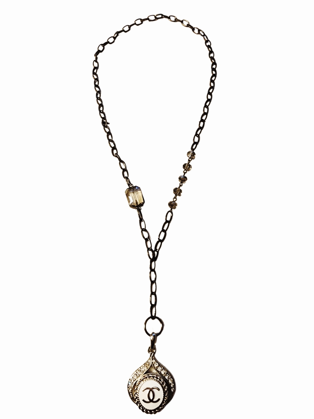 White & Silver Designer Button Repurposed Into Pendant On Lariat Style Necklace